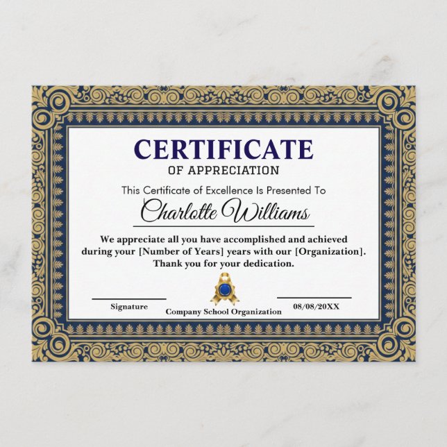 Cartão De Informações Elegant Certificate of Appreciation Blue Gold (Frente)