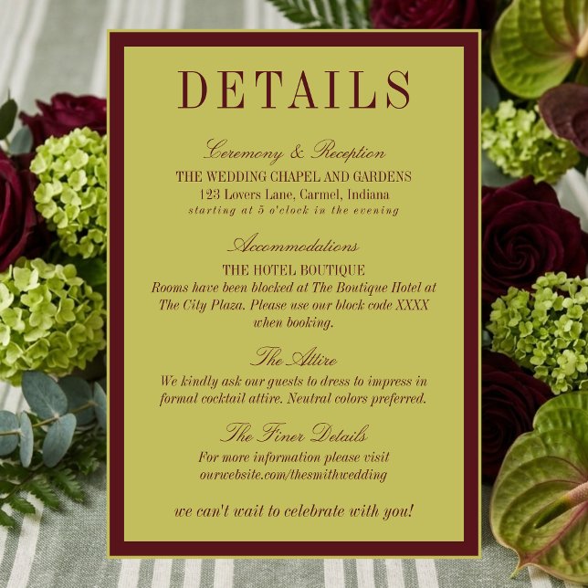 Cartão De Informações Elegant Chartreuse Burgundy Wedding Details (Elegant Chartreuse Burgundy Wedding Details Enclosure Card)