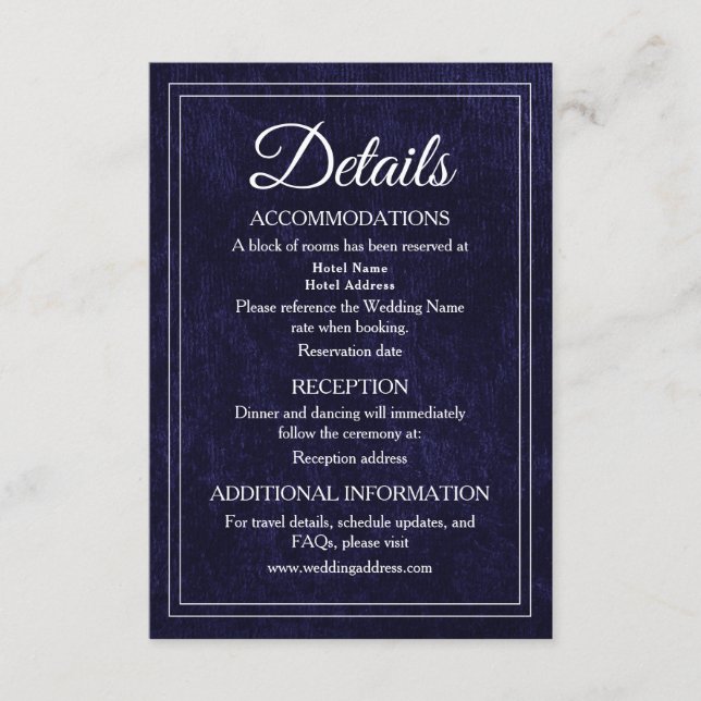 Cartão De Informações Elegant Classic Navy Blue Velvet Wedding Details (Frente)