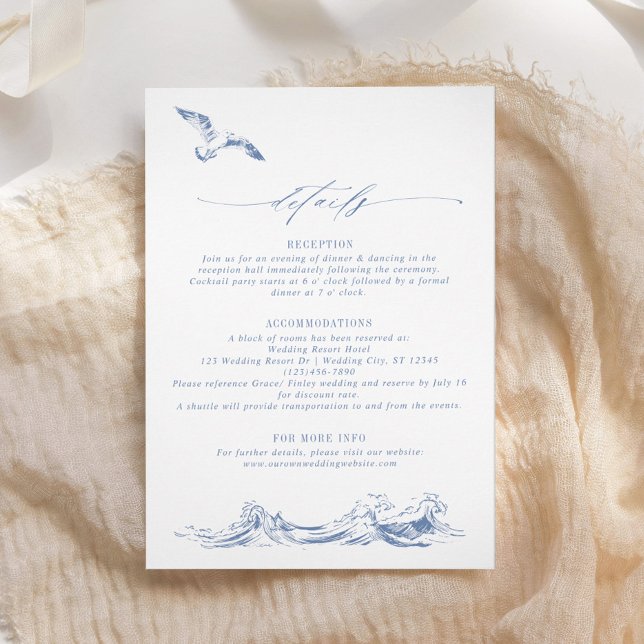 Cartão De Informações Elegant Coastal Chic Blue Wedding Details (Criador carregado)