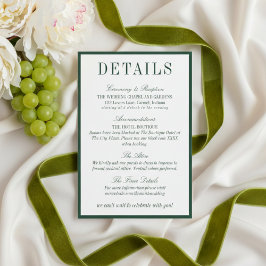 Cartão De Informações Elegant Dark Green Minimalist Wedding Details