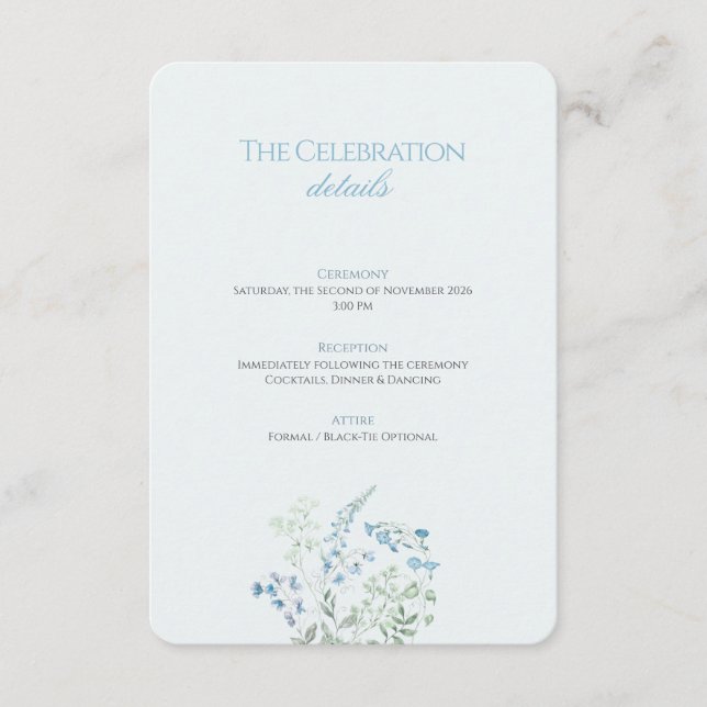 Cartão De Informações Elegant Dusty blue Floral Calligraphy Wedding (Frente)