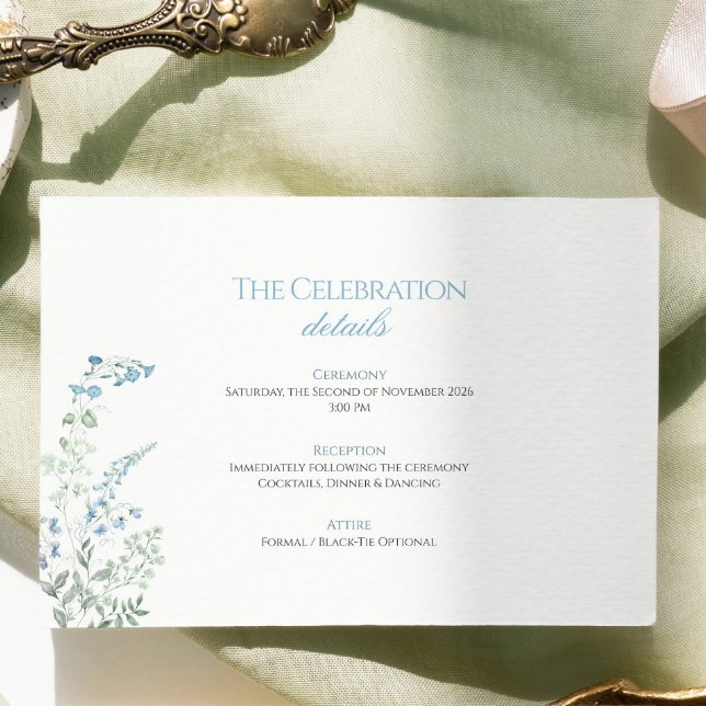 Cartão De Informações Elegant Dusty blue Floral Calligraphy Wedding (Criador carregado)