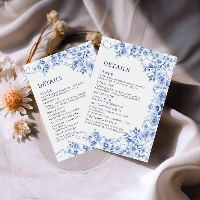 Cartão De Informações Elegant dusty blue floral wedding details  (Criador carregado)