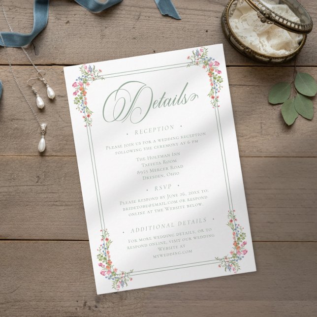 Cartão De Informações Elegant Dusty Sage Pastel Wildflower Crest Wedding (Criador carregado)