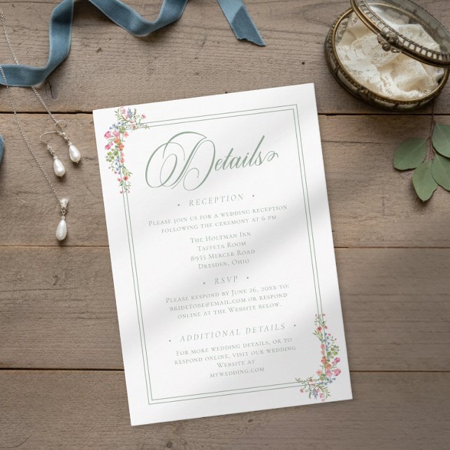 Cartão De Informações Elegant Dusty Sage Pastel Wildflower Crest Wedding (Criador carregado)