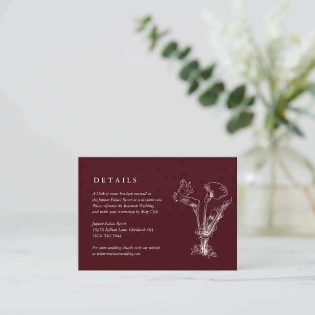 Cartão De Informações Elegant Floral Burgundy Wedding Details Card (Em pé/Frente)