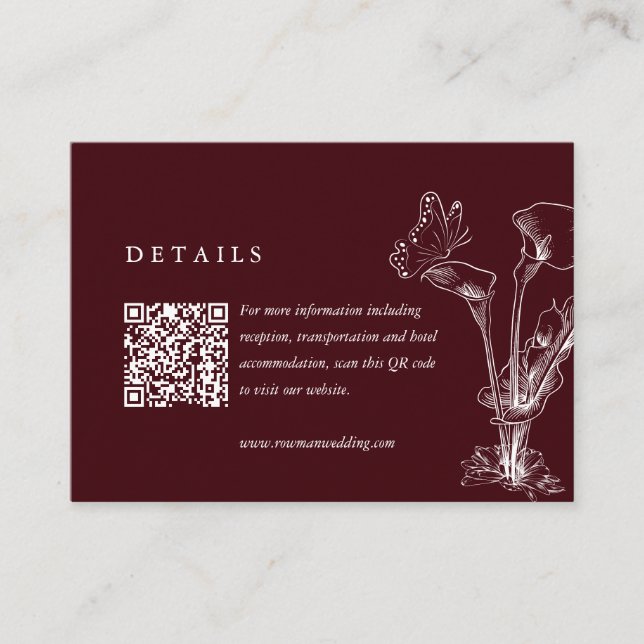 Cartão De Informações Elegant Floral Burgundy Wedding Details QR Code  (Frente)