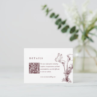 Cartão De Informações Elegant Floral Burgundy Wedding Details QR Code