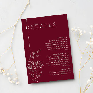 Cartão De Informações Elegant Floral Line Art Burgundy Wedding Details