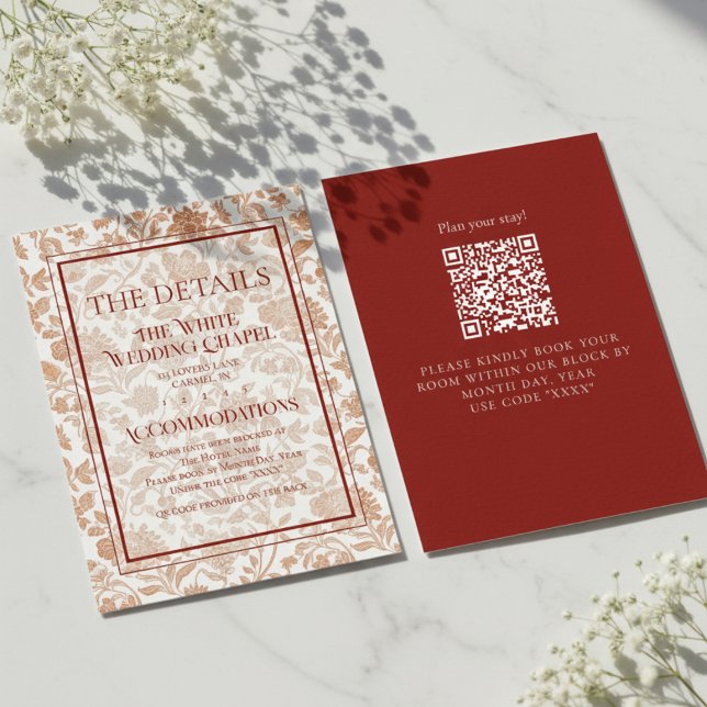 Cartão De Informações Elegant Floral Toile QR Code Wedding Details (Formally invite guests to your big day with this Elegant Floral Toile QR Code Wedding Details Card!)