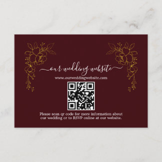 Cartão De Informações Elegant Gold Floral Deep Burgundy QR Code Wedding 