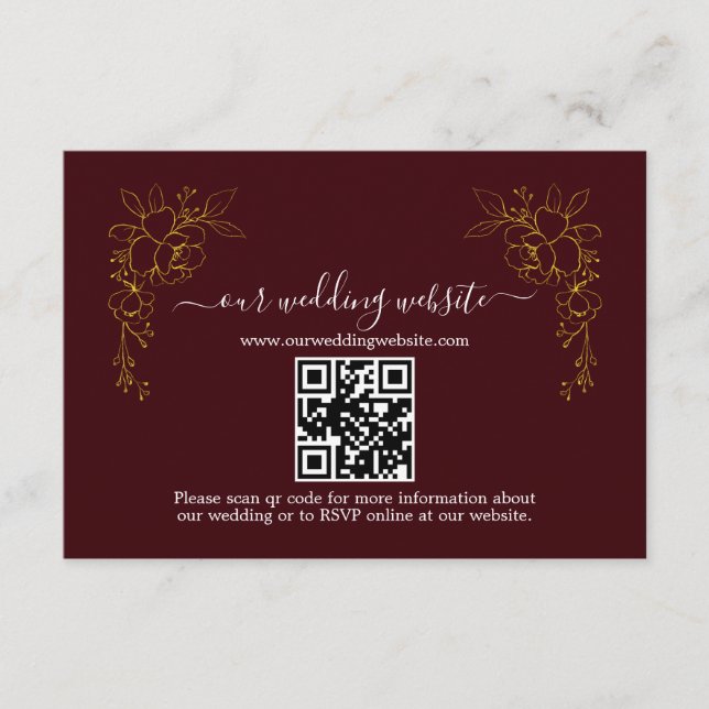 Cartão De Informações Elegant Gold Floral Deep Burgundy QR Code Wedding  (Frente)