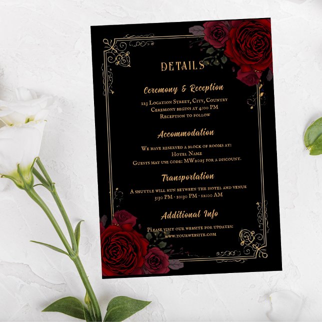 Cartão De Informações Elegant Gothic Romance Roses Wedding (Criador carregado)