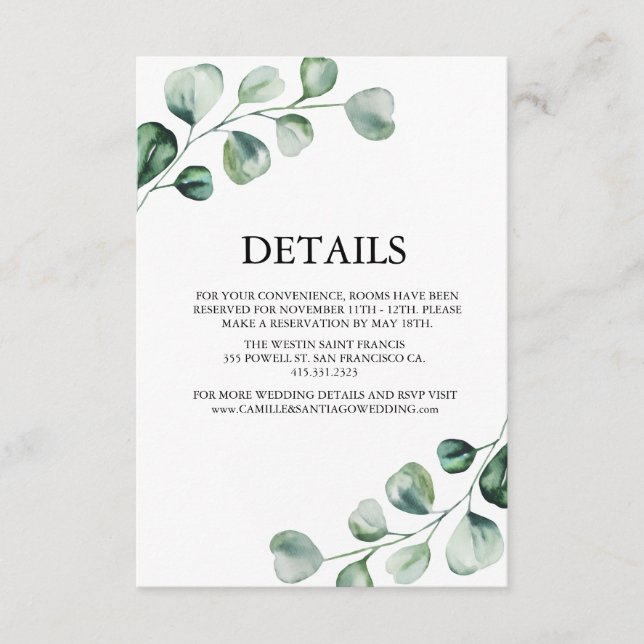 Cartão De Informações Elegant Greenery Botanical Wedding (Frente)