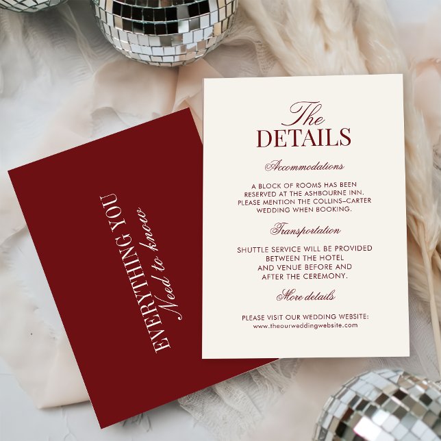 Cartão De Informações Elegant Ivory Burgundy Wedding  (Criador carregado)