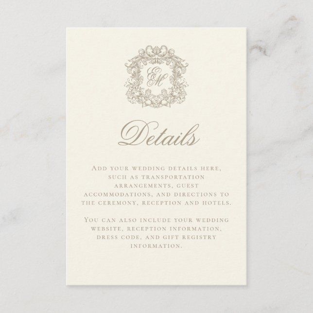 Cartão De Informações Elegant Ivory Monogram Crest Wedding Details (Frente)