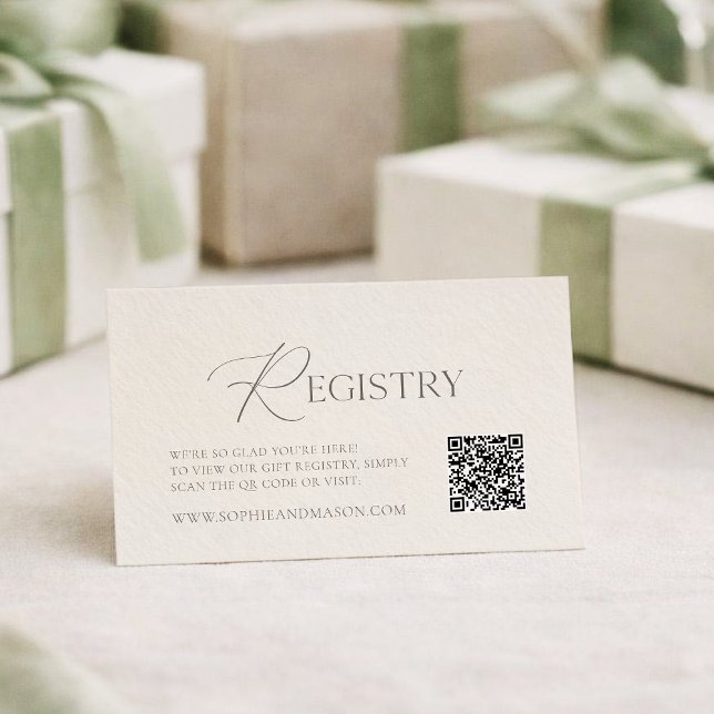 Cartão De Informações Elegant Ivory Wedding Registry Card with QR Code (Criador carregado)