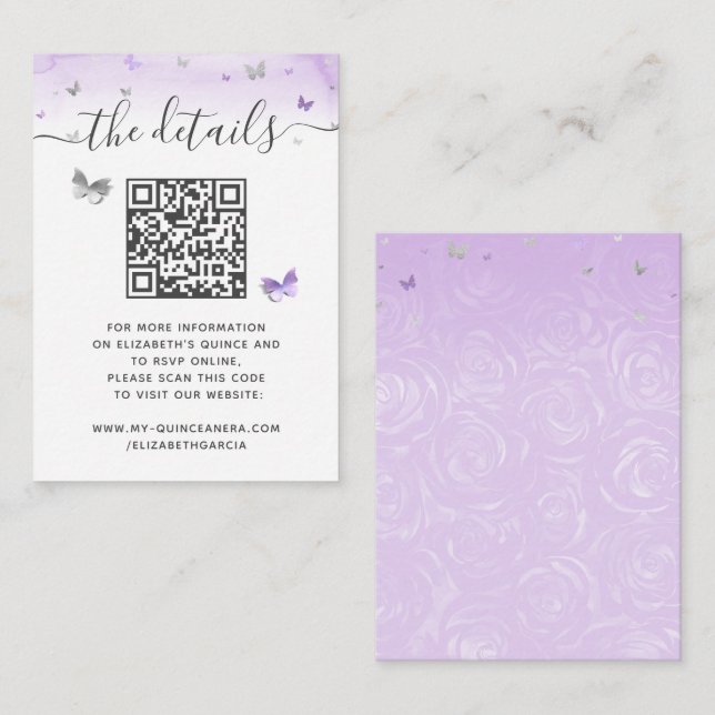 Cartão De Informações Elegant Light Purple Silver Butterfly RSVP QR Code (Frente/Verso)