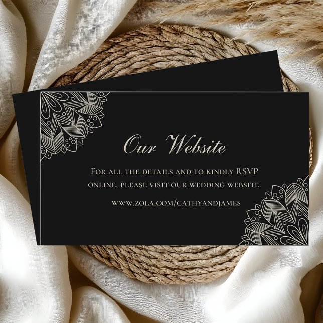 Cartão De Informações Elegant Mandala Indian Boho Black Wedding Website (Criador carregado)