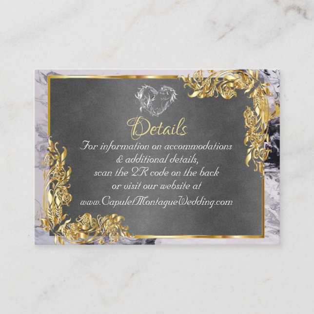 Cartão De Informações Elegant Marble, Grey, Gold Frame, Silver Heart (Frente)