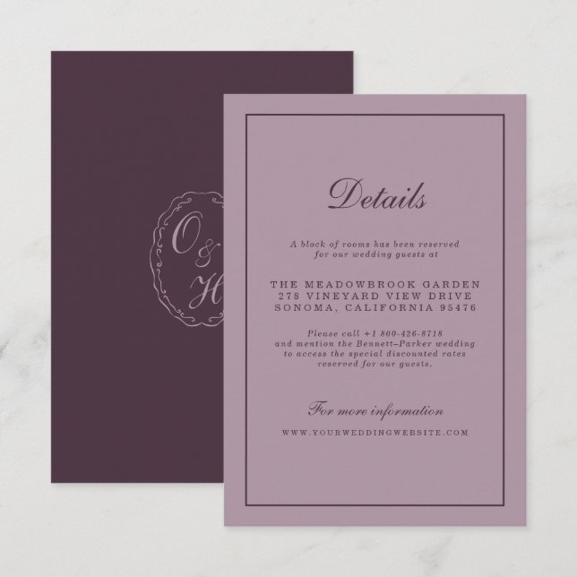 Cartão De Informações Elegant Mauve Plum Wedding Details Card (Frente/Verso)