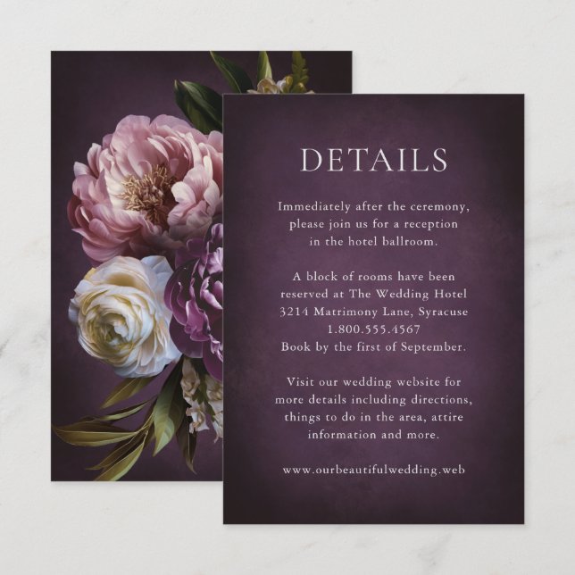 Cartão De Informações Elegant Maximalist Purple Floral Wedding (Frente/Verso)