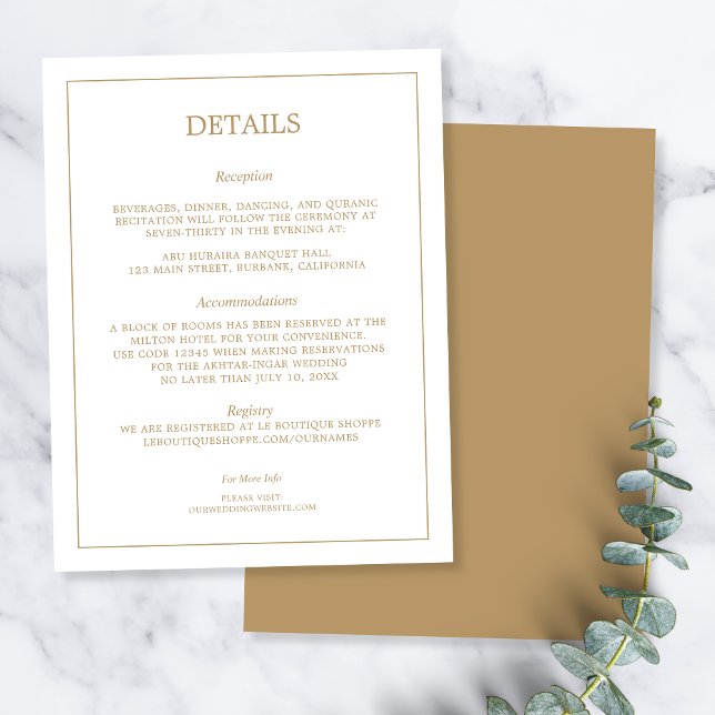 Cartão De Informações Elegant Minimalist Border Gold Wedding Details (Criador carregado)