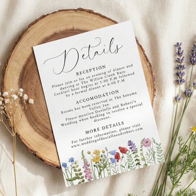 Cartão De Informações Elegant Minimalist Whimsical Wildflower Wedding (create your own personalized wildflower modern script calligraphy wedding details card)