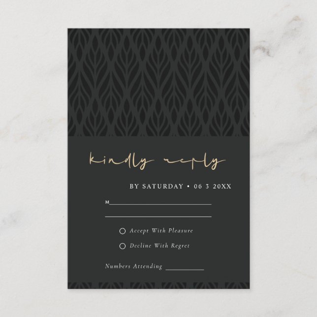 CARTÃO DE INFORMAÇÕES ELEGANT MODERN ART DECO BLACK GOLD WEDDING RSVP (Frente)