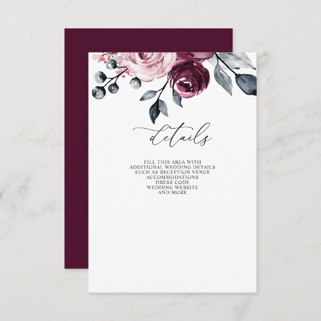 Cartão De Informações Elegant Modern Burgundy Floral Wedding (Frente/Verso)