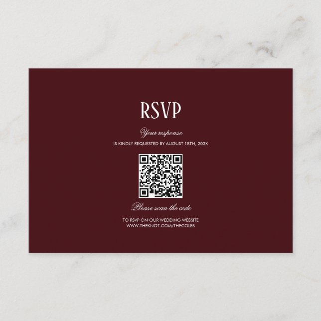 Cartão De Informações Elegant Modern Burgundy Wedding QR Code RSVP (Frente)