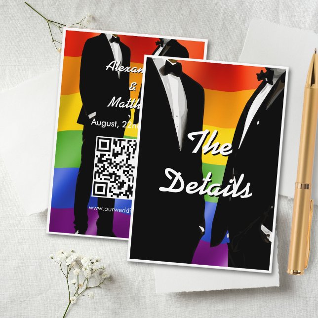 Cartão De Informações Elegant Modern Gay Men Wedding Rainbow QR Code (Criador carregado)