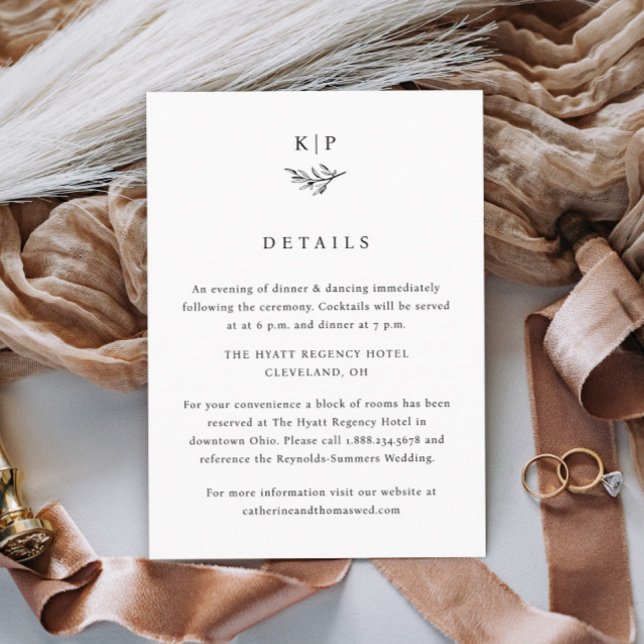 Cartão De Informações Elegant Monogram Greenery Leaves Wedding Details (Simple wedding monogram with greenery wedding details enclosure cards.)