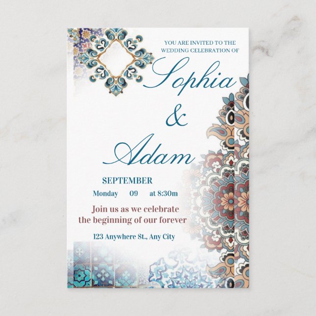 Cartão De Informações Elegant Moroccan Tile Wedding Invitation (Frente)