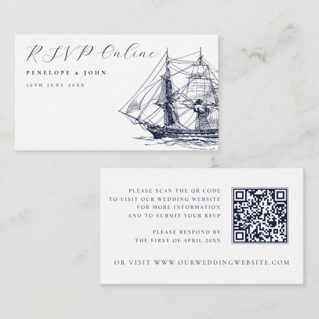Cartão De Informações Elegant Nautical Ship Illustration Wedding Website (Frente/Verso)