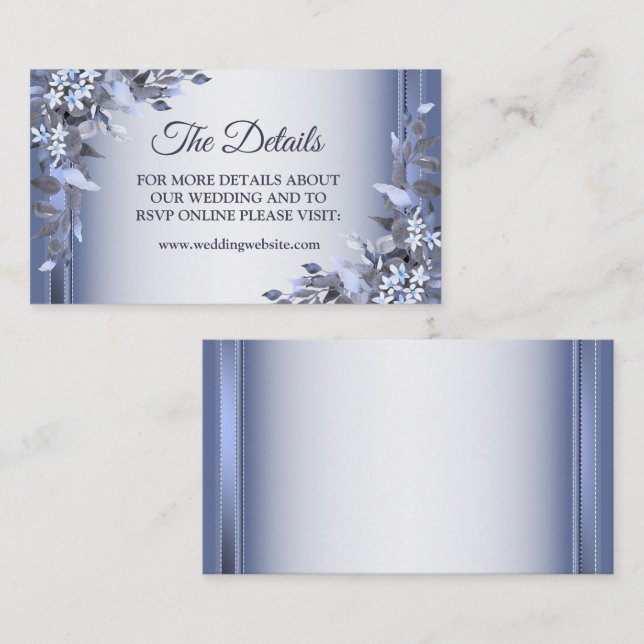 Cartão De Informações Elegant Navy Blue Floral Silver Wedding Detail (Frente/Verso)