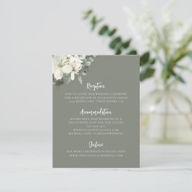 Cartão De Informações Elegant Olive Green Floral Wedding Enclosure Card (Em pé/Frente)