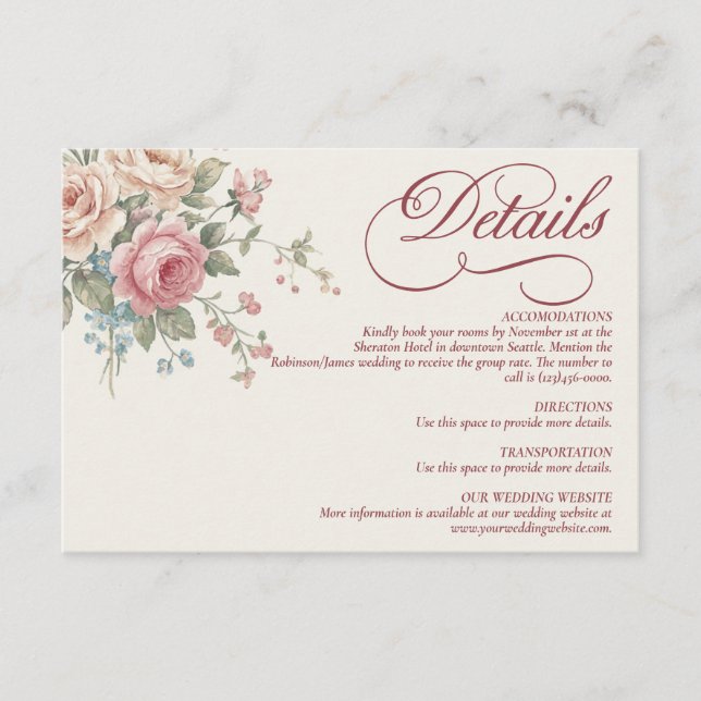 Cartão De Informações Elegant Pastel Roses Shabby Chic Wedding (Frente)