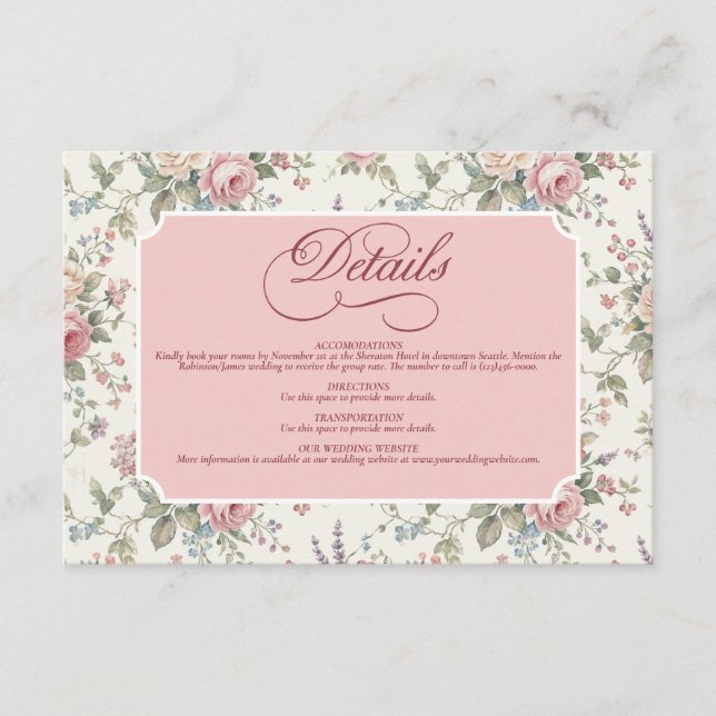 Cartão De Informações Elegant Pastel Roses Shabby Chic Wedding (Frente)
