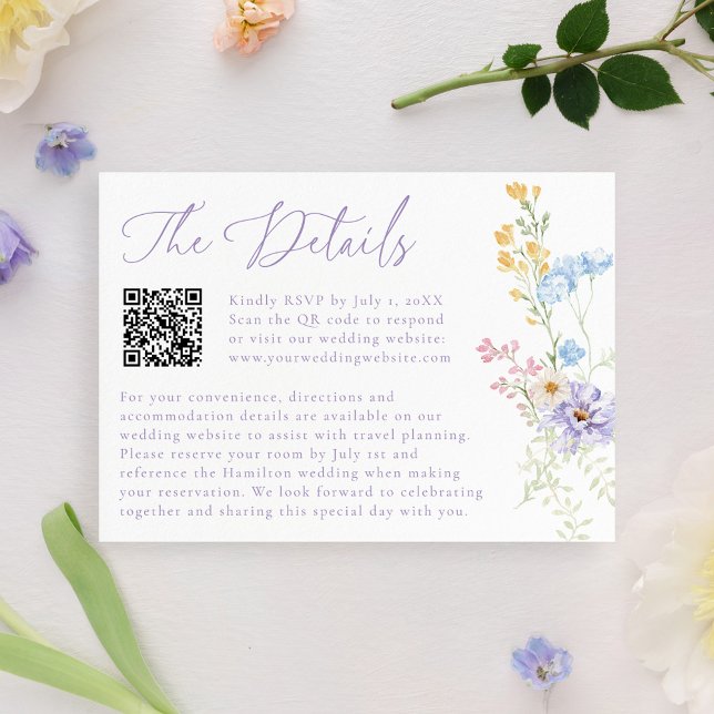 Cartão De Informações Elegant Pastel Wildflower QR Code Wedding Details (Criador carregado)
