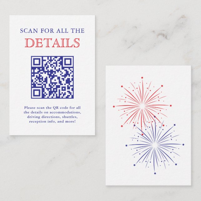 Cartão De Informações Elegant Patriotic Fireworks Wedding Detail QR Code (Frente/Verso)