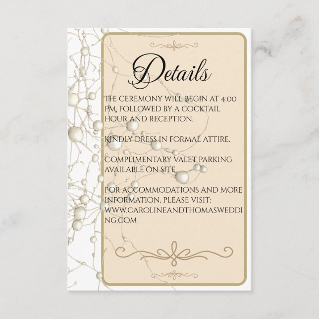 Cartão De Informações Elegant Pearl Gold Script Wedding Romantic Pearls (Frente)