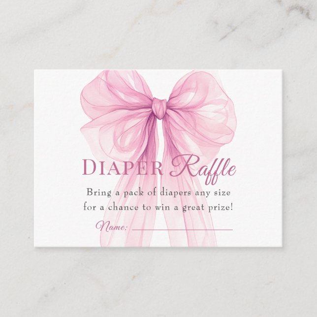 Cartão De Informações Elegant Pink Bow Diaper Raffle Tickets (Frente)