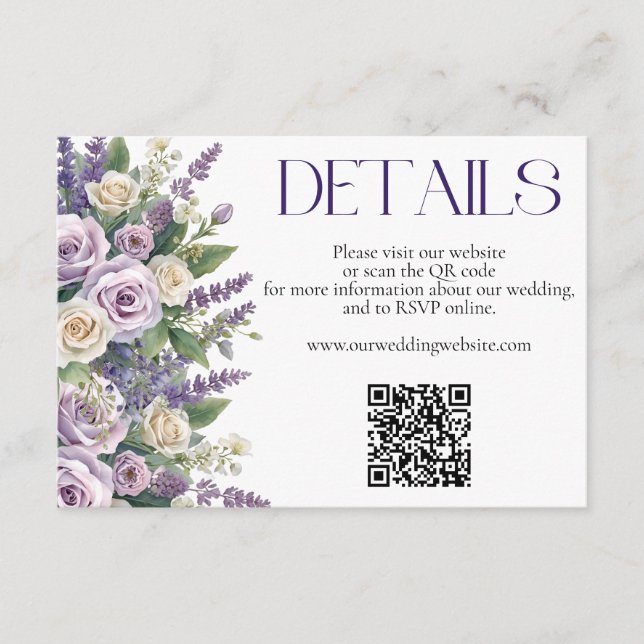 Cartão De Informações Elegant Purple Lavender Roses Wedding Website QR (Frente)