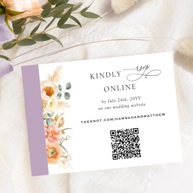 Cartão De Informações Elegant QR Code RSVP Peach and Lavender Wedding (Criador carregado)