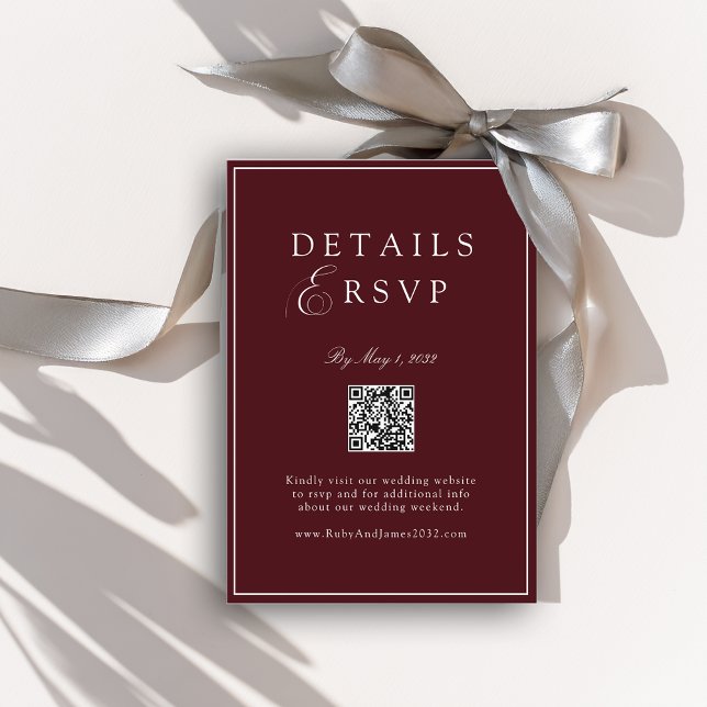 Cartão De Informações Elegant Royal Burgundy QR Code Wedding RSVP  (Elegant Royal Burgundy QR Code Wedding RSVP Enclosure Card)