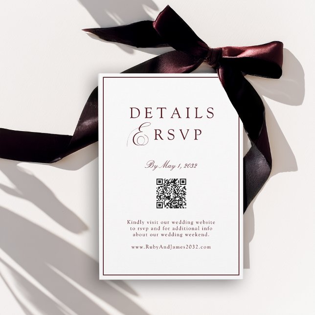 Cartão De Informações Elegant Royal White & Burgun QR Code Wedding RSVP  (Elegant Royal White & Burgun QR Code Wedding RSVP Enclosure Card)