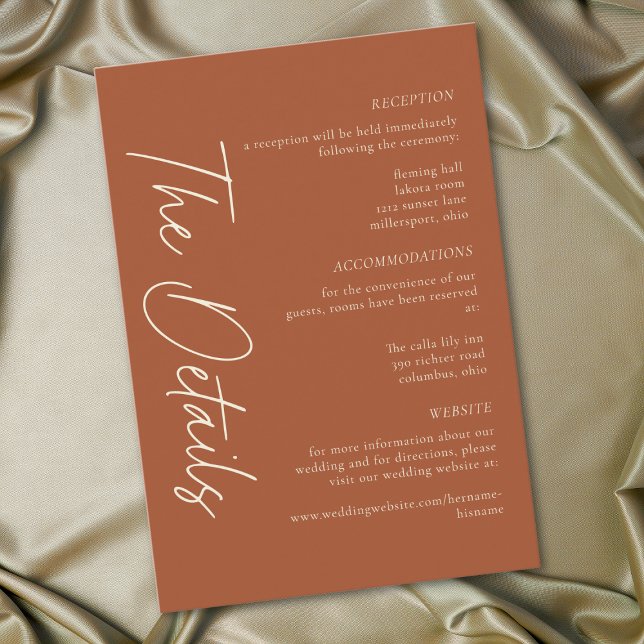 Cartão De Informações Elegant Rust Terracotta Minimalist Wedding (Elegant Rust Terracotta Minimalist Wedding Enclosure Card)
