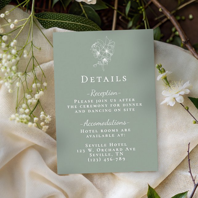 Cartão De Informações Elegant Sage Green Botanical Wedding Details (Elegant Sage Green Botanical Wedding Details Enclosure Card)